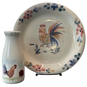 VTG Y2K country farmhouse kitchen rooster plate bottle/bud vase Cottagecore set